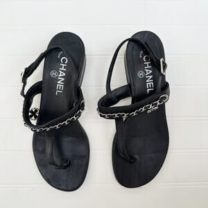 Chanel Black Leather Sandals CC Chain T Strap Ankle Strap Block Heel Shoes 36